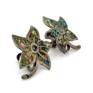 VTG PDC‎ Taxco Mexico Sterling Silver & Abalone Screw Back Flower Earrings! 56